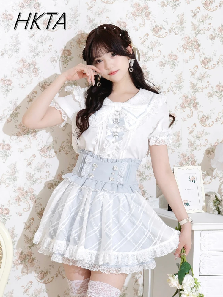 Original Japanese Shirt Women's Summer New Niche Design Sweet and Cute Bow Lace Short-sleeved Blouse Lolita Girls White Shirts