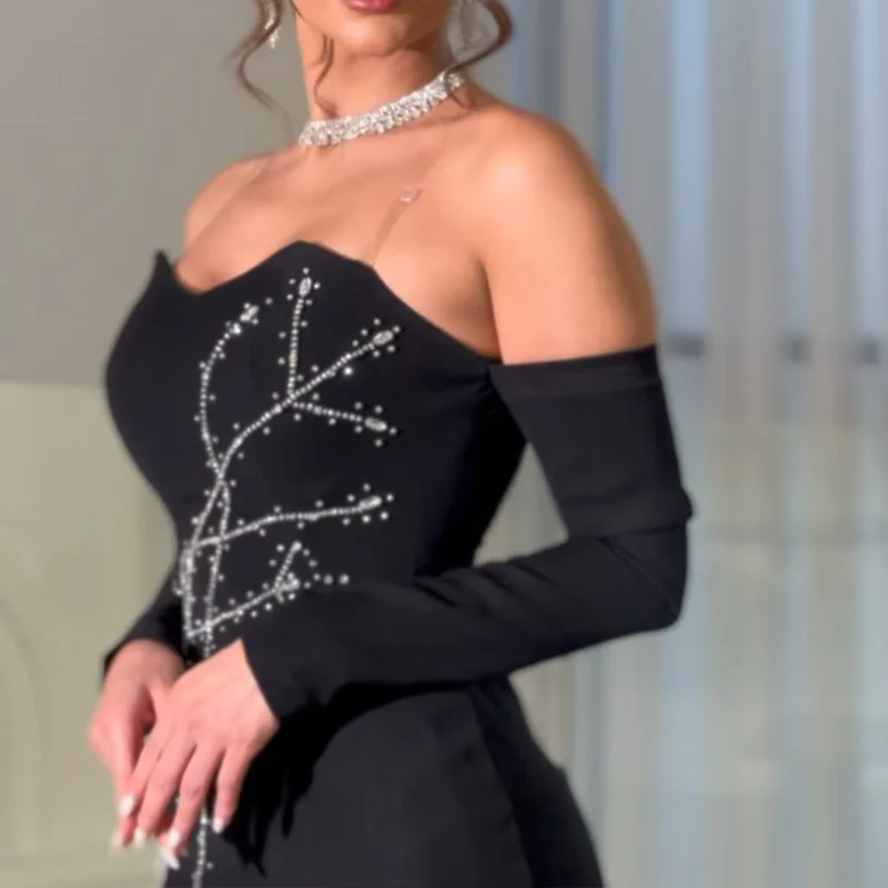 Elegante vestido de baile preto até o tornozelo para mulheres, vestidos de festa frisados querida, vestidos até o tornozelo, Arábia Saudita, elegante