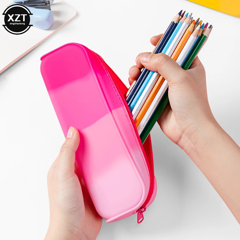 1Pcs Creative Gradient Color Pencil Case Silicone Waterproof Pen Bag Kawaii Large Capacity Storage Box School Office Supplies