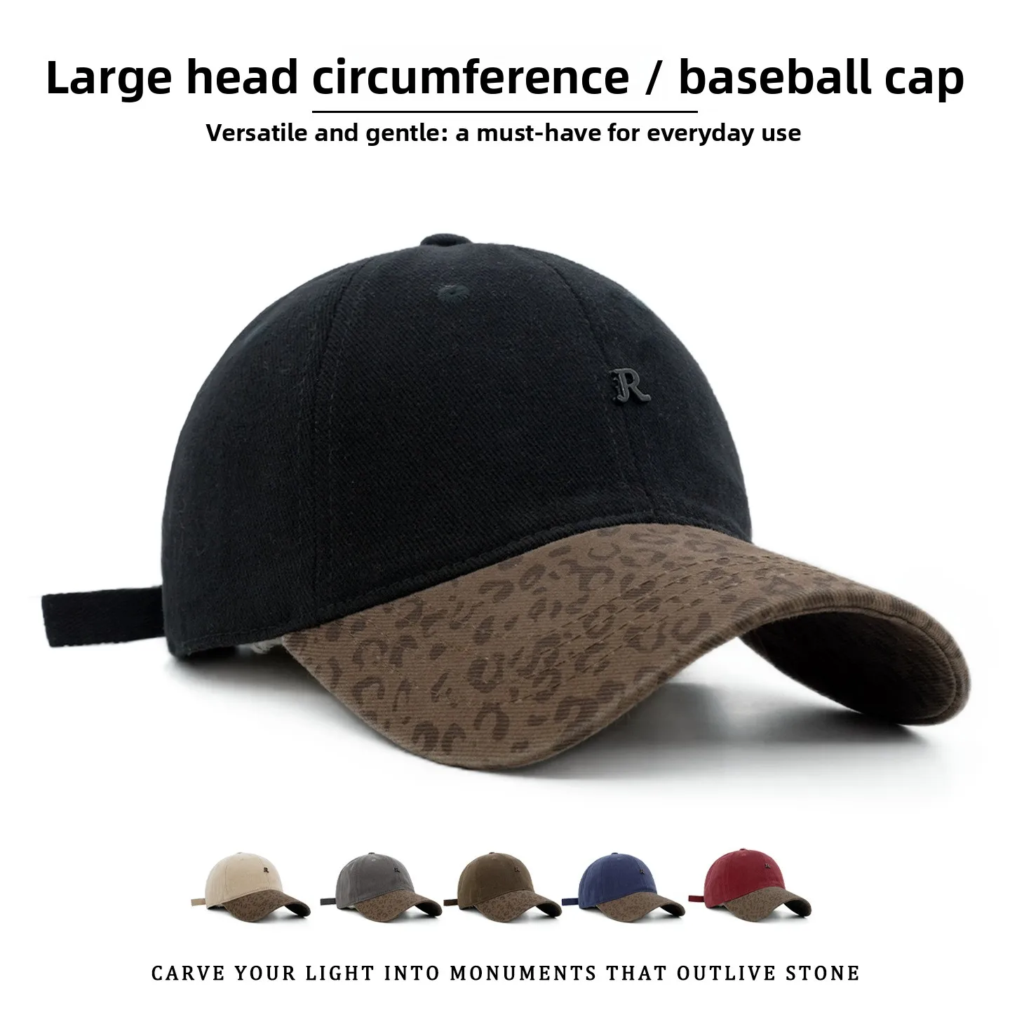 Retro Metal R Leopard Brim Baseball Cap Autumn and Winter Travel Casual Versatile Soft Top Polished Splicing Baseball Cap Men