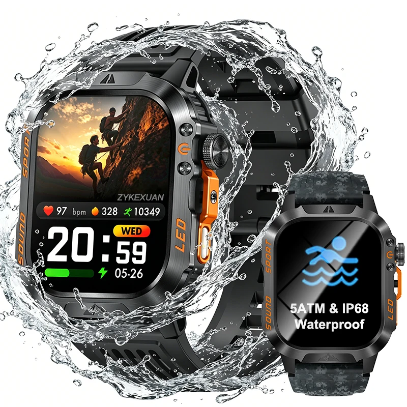 New 1200 mAh Battery Military Smartwatch Men Fitness Tracker 5ATM Waterproof Flashlight Heart Rate Smart Watch For iOS Android