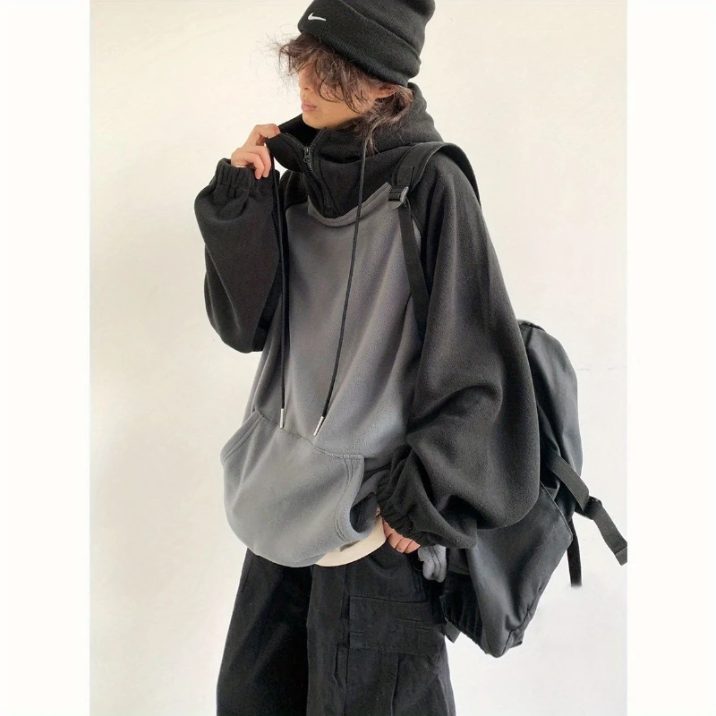 Japanese Oversize Set Men Patchwork Fleece Loose Hooded Sweatshirt+Casual Multi-pocket Wide-leg Cargo Pants Autumn Couple Suit