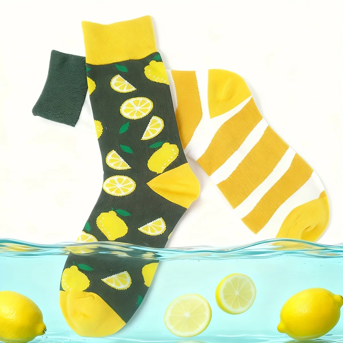 زوج واحد من الجوارب الصيفية ذات الطابع الليموني للنساء - جوارب قطنية مريحة لمنتصف الساق بتصميم مخطط ومطبوع