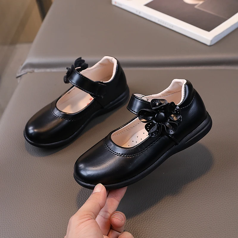 Girls Leather Shoes Medium Big Kids Black Party Shoes Children School Flats with Floral Flowers Princess Sweet Performance Shoes