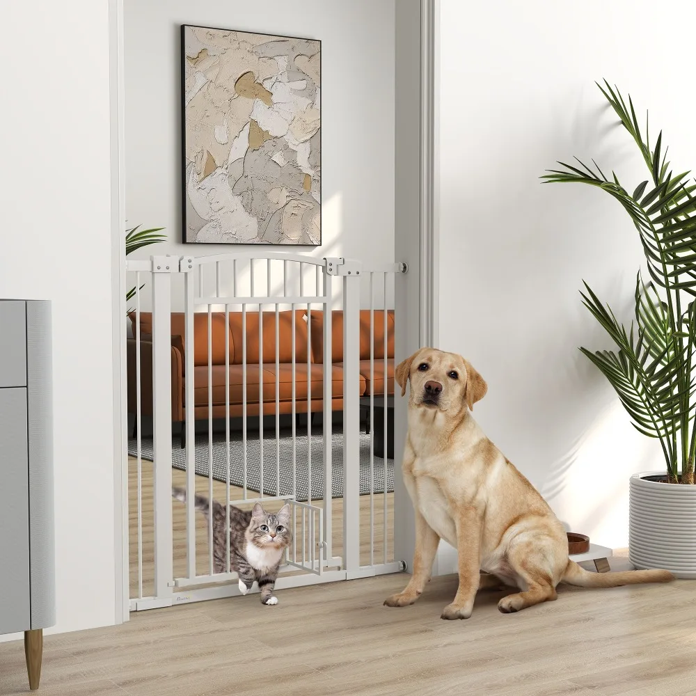 

41.7" Adjustable White Pet Gate with Cat Door – Safe & Stylish Multi-Pet Barrier for Doorways