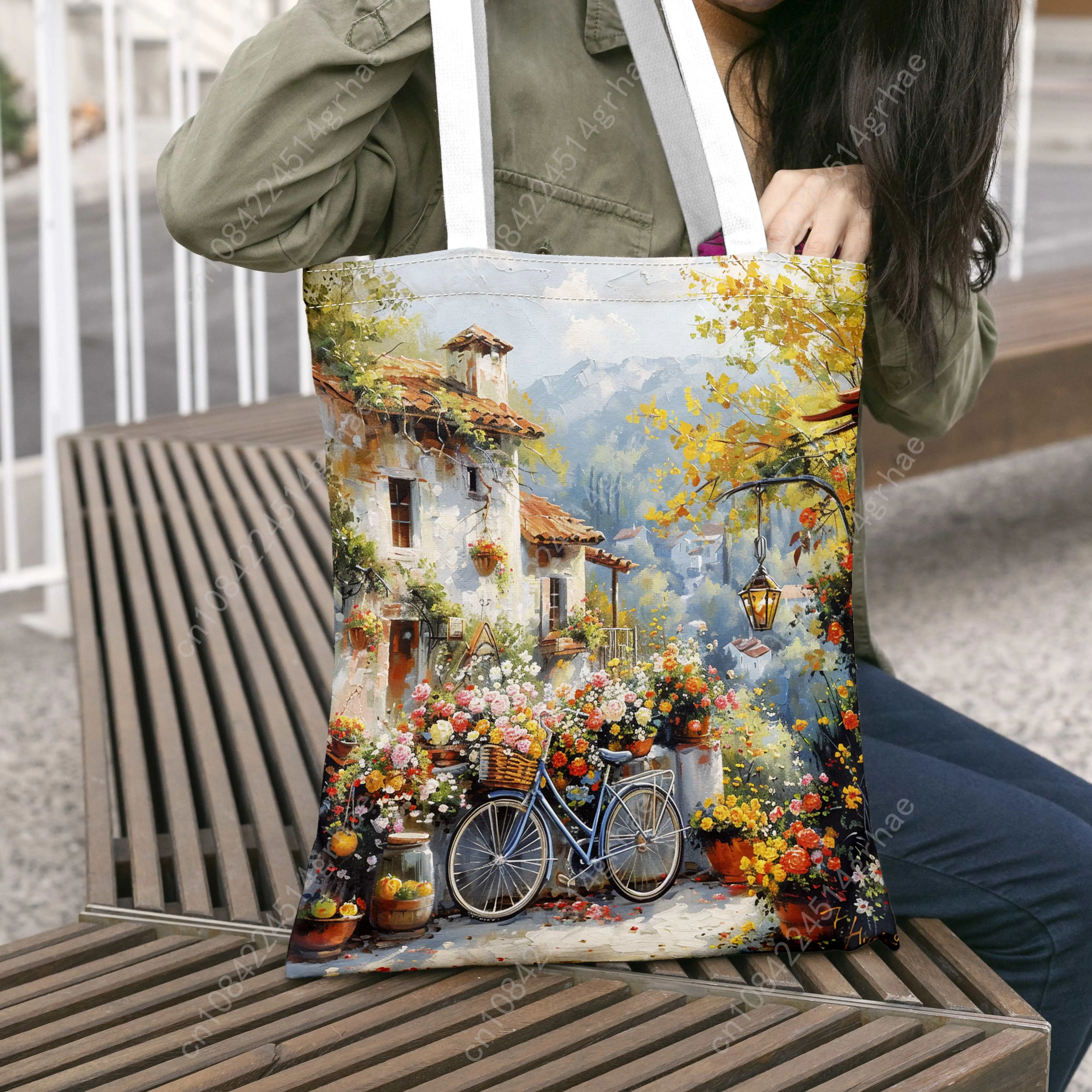 Charming Countryside Bicycle Print Handbag Spacious and Stylish with Rustic Village Scenes, Perfect for Shopping or Everyday Use