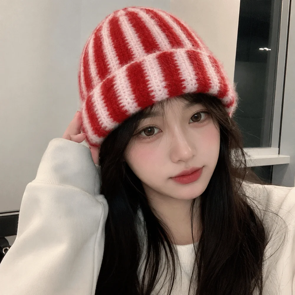 Brimless Color Blocked Striped Beanie Hat Soft Windproof Ribbed Knit Cap Thermal Thick Warm Hat Cycling