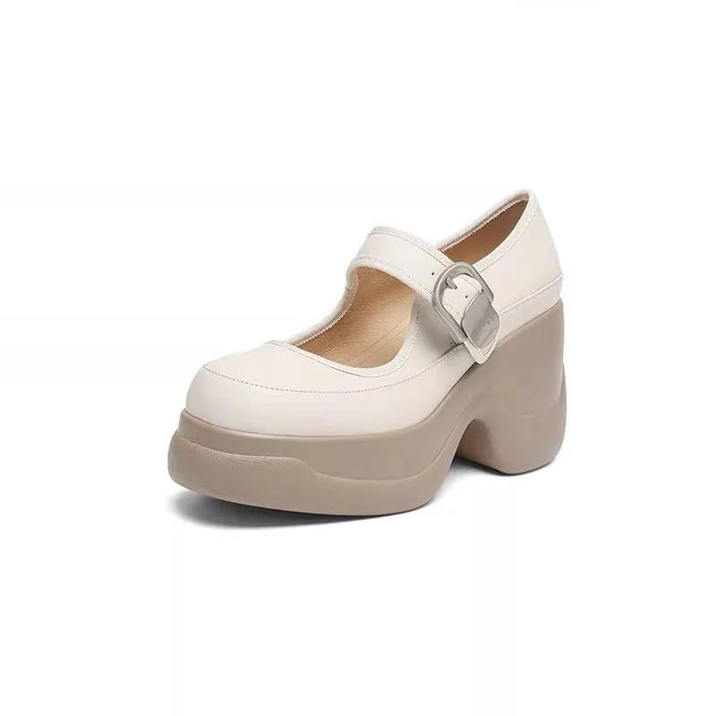 

New Genuine Leather Fashion Mary Jane High Heels Women's Platform Shoes Office Party Thick Sole Pumps Lady Height Increasing