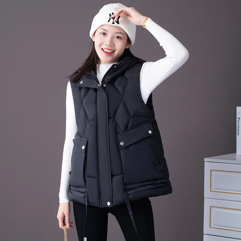 

2025 New Autumn Winter Women Puffer Parkas Vest Fashion Warm Black Hooded Down Coat Parka Ladies Sleeveless Waistcoats Outwear