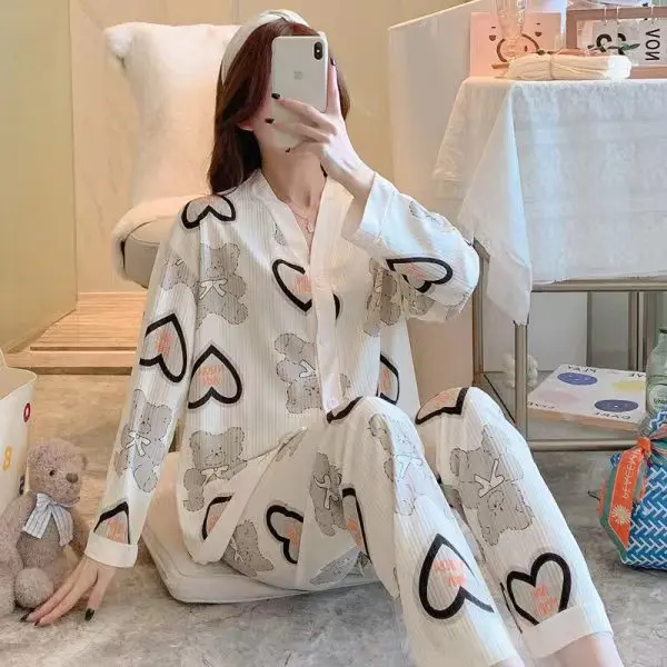 Ms. Korean Version of The Sweet Jacquard Long-sleeved Long Pants Pajamas Home Wear Ms. Loose Lapel Simple Net Red Live Set Women