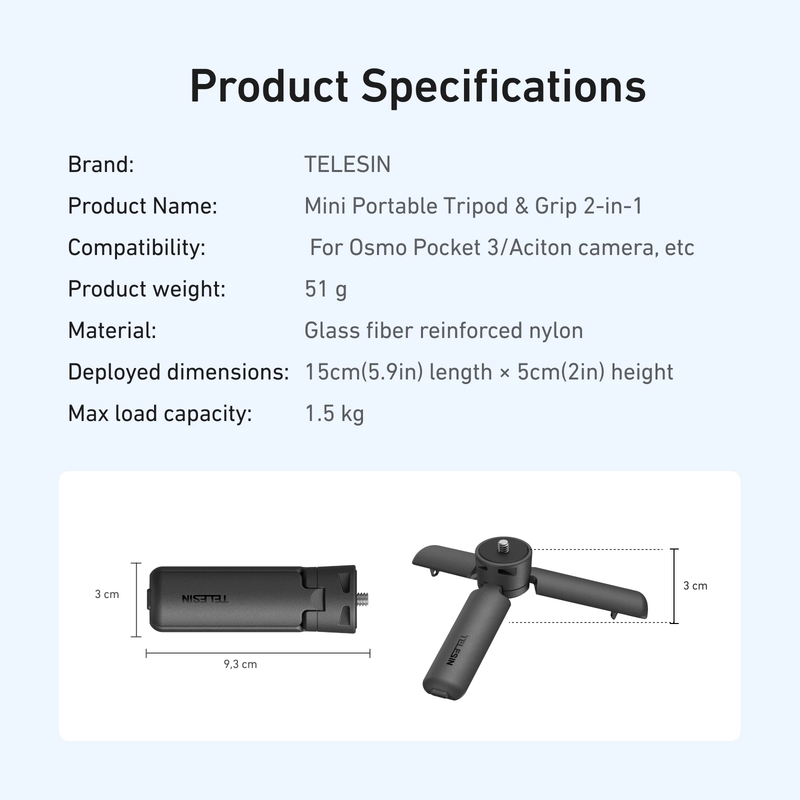 TELESIN Mini Quick Release Universal Tripod Hand grip for GoPro Insta360 DJI Osmo Action Camera With 1/4 Screw Adatper 썸네일 6