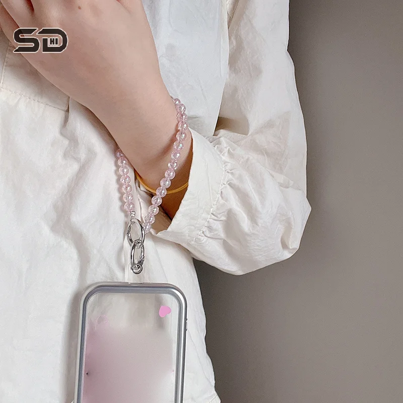 Long Mobile Phone Lanyard Pink Cracked Beaded Anti-Lost Chain Crossbody Neck Phone Strap Wristband For Airpods Camera Chain