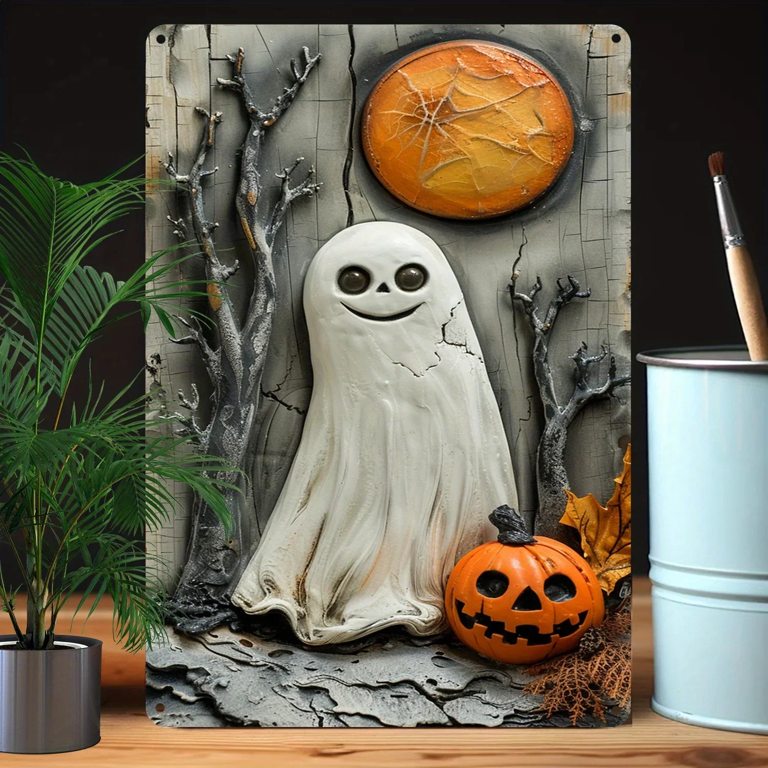 1Pc Vintage Festive 8x12 Inch Halloween Ghost Aluminum Metal Sign - 100% Aluminum Material, 32% Higher Bending Resistance