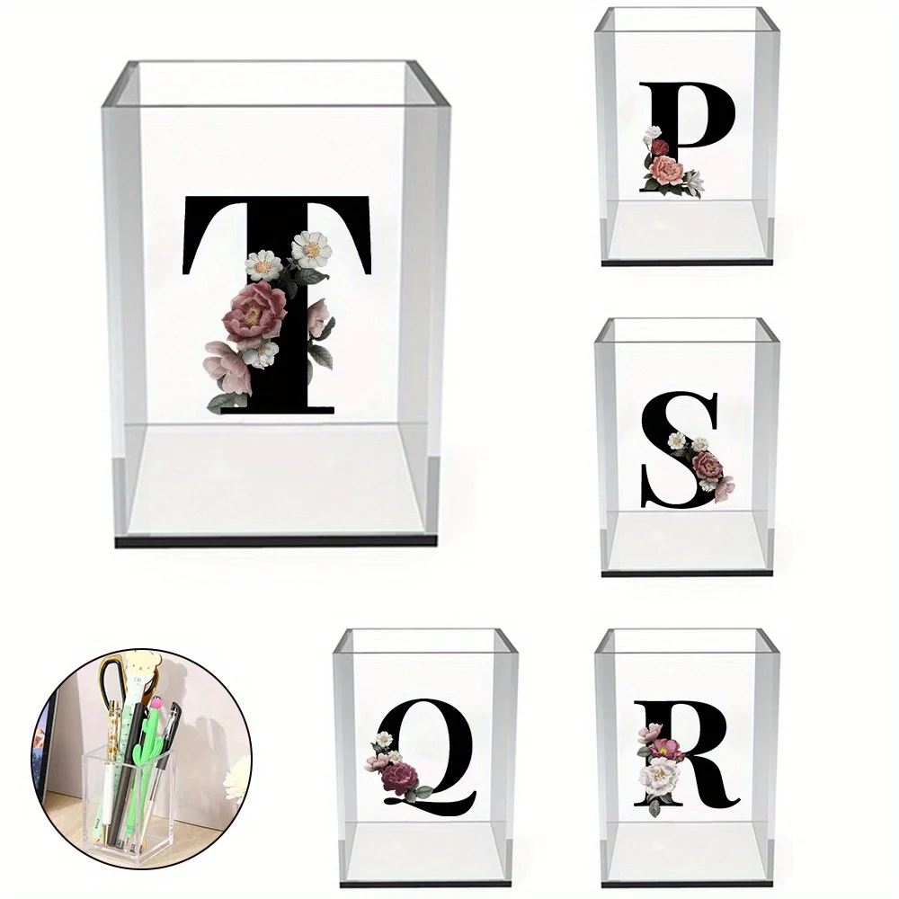 

Desktop Office Pen Holder Simple Lipstick Storage Rack Resistant Large Capacity Makeup Brush Case Black Floral Letter Pattern