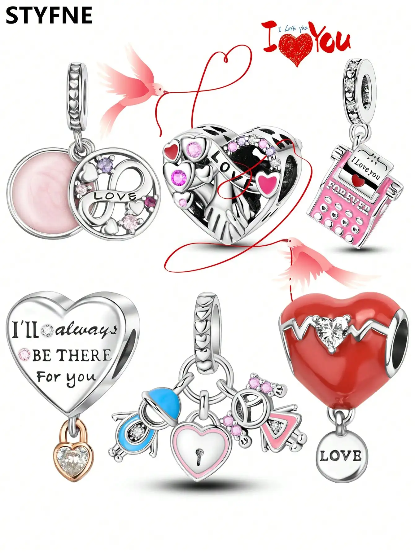 925er Silber vergoldet, Original-Charms, Valentinstag-Liebesperlen, passend für Armbänder, Damenschmuck, Geschenk