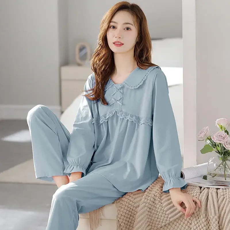 2024 New Pajamas Women Spring Autumn Long-Sleeved Cotton Loose Large Size Homewear Suit Female Solid Color Casual Sleepwear Sets