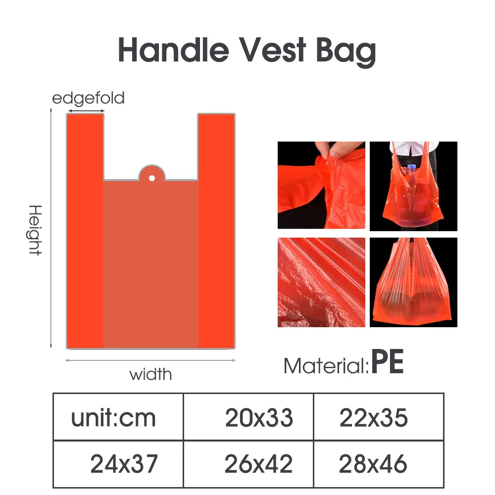 50PCS Disposable Red Plastic Handle Vest Bag PE Supermarket Grocery Shopping Pouch Home Kitchen Garbage Bag Organizers Storage 