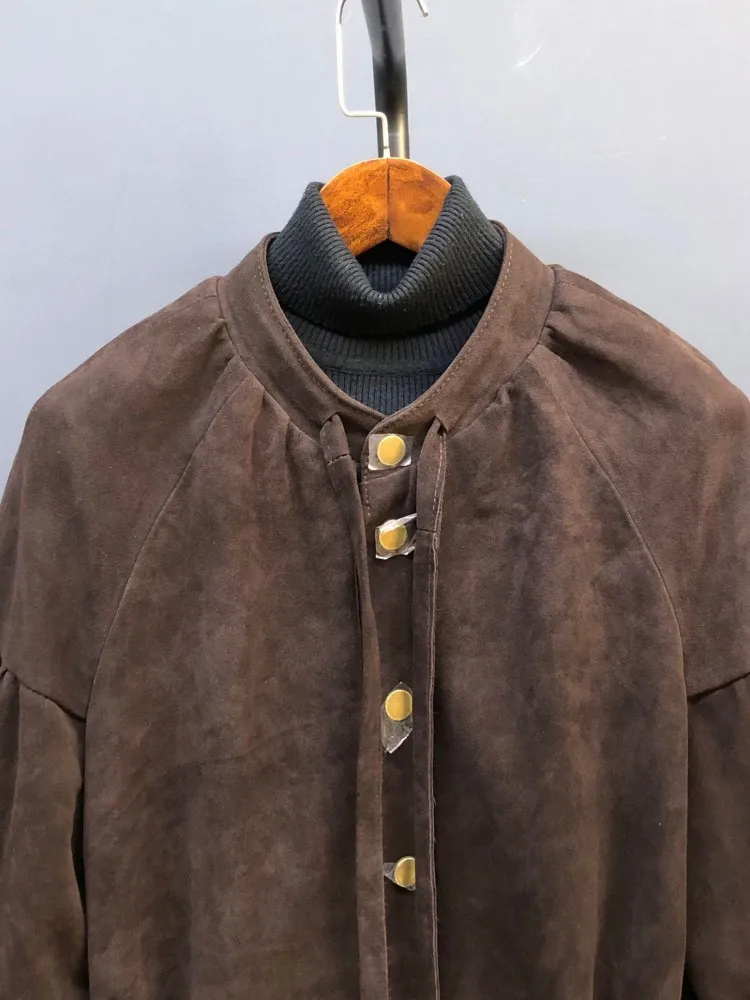 الخريف الشتاء المرأة طويلة سترة جلدية جلد الغزال الحقيقي قابل للتعديل الخصر واحدة الصدر لينة معطف جلد طبيعي خمر خندق جديد