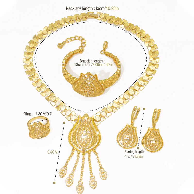 GZJPEI Dubai Gold Color Hollow Jewelry Set Shiny White Zircon Tassel Necklace Bracelet Earring Ring 4Pcs/Set Wedding Jewellery