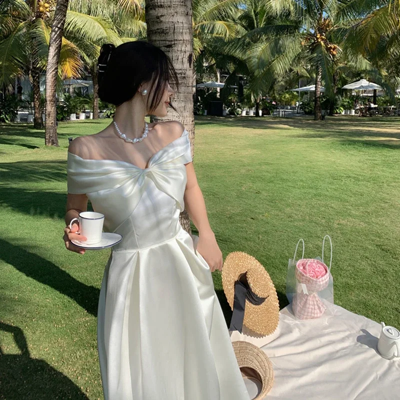 Women White Fairy Elegant A-Line Midi Dresses Female Party Prom Clothes Vestdios Bow Slash Neck Sexy Dress Summer