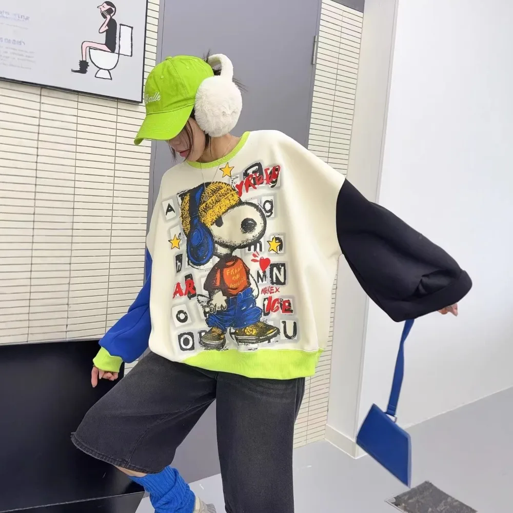 Gesplitste contrasterende trui Dames lente nieuwe schoudermouwen Leeftijdverminderende cartoon losse top met ronde hals