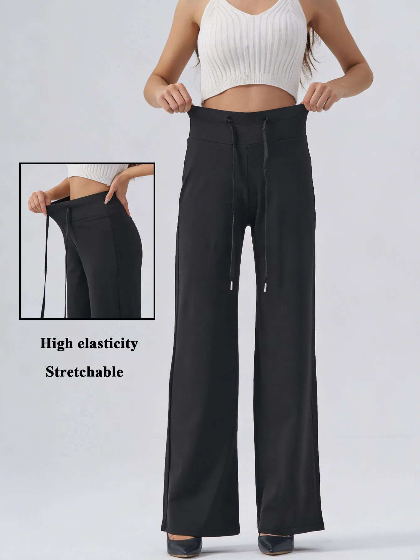 

Женские брюки с высокой талией и широкими штанинами на шнурке, черные, с высокой эластичностью, дышащие, в уличном стиле, с четырехсторонним стрейчем, повседневные