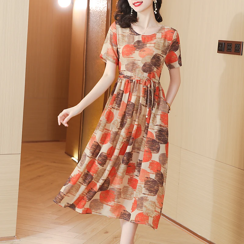 

2023 Summer New O-Neck Silk Polka Dot Print Dress Drawstring Slim Loose A-line Over Knee Long Dress