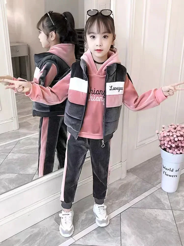 2024 winter girls tracksuit Autumn Toddler Teenager Clothes velvet jacket vest + hooded + strip Pant Children Kids 10 11 12 year