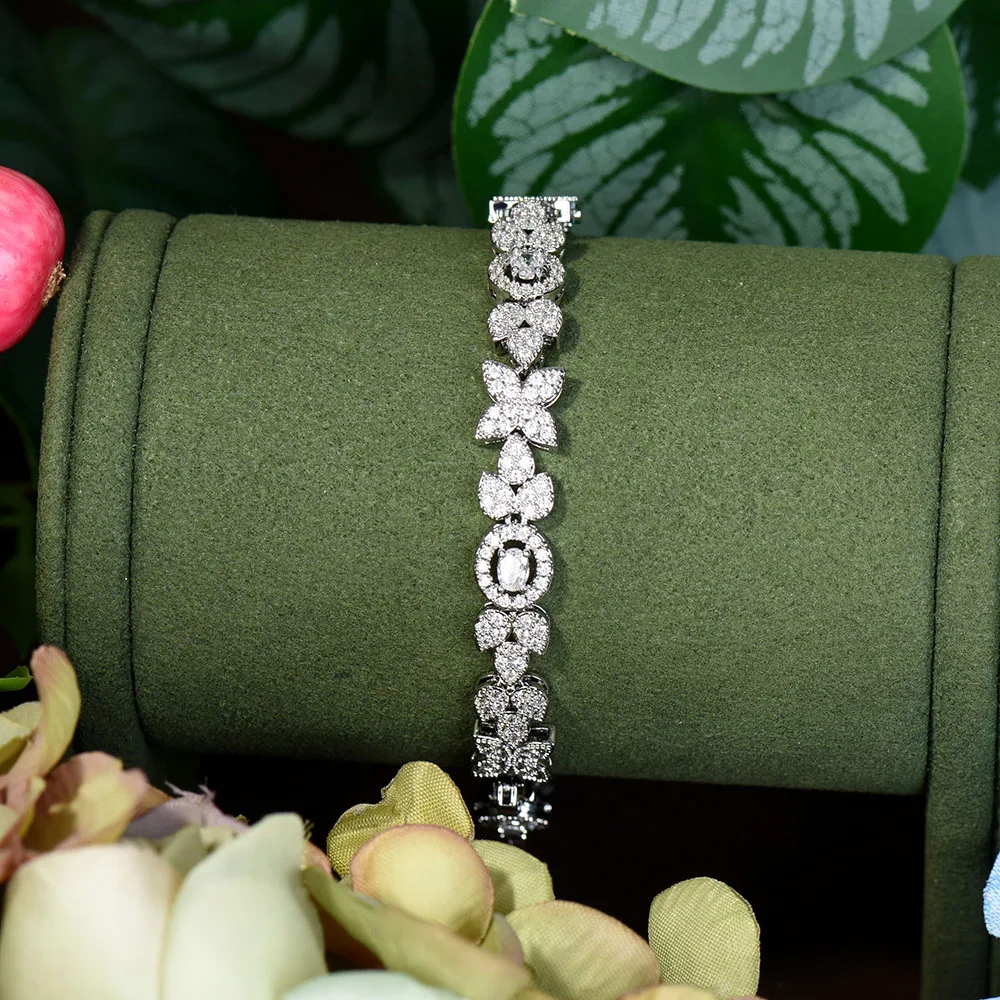 HIBRIDE Super Luxury Flower Round White Cubic Zirconia Bracelets For Women Wedding Engagement Party Jewelry Accessories B-190
