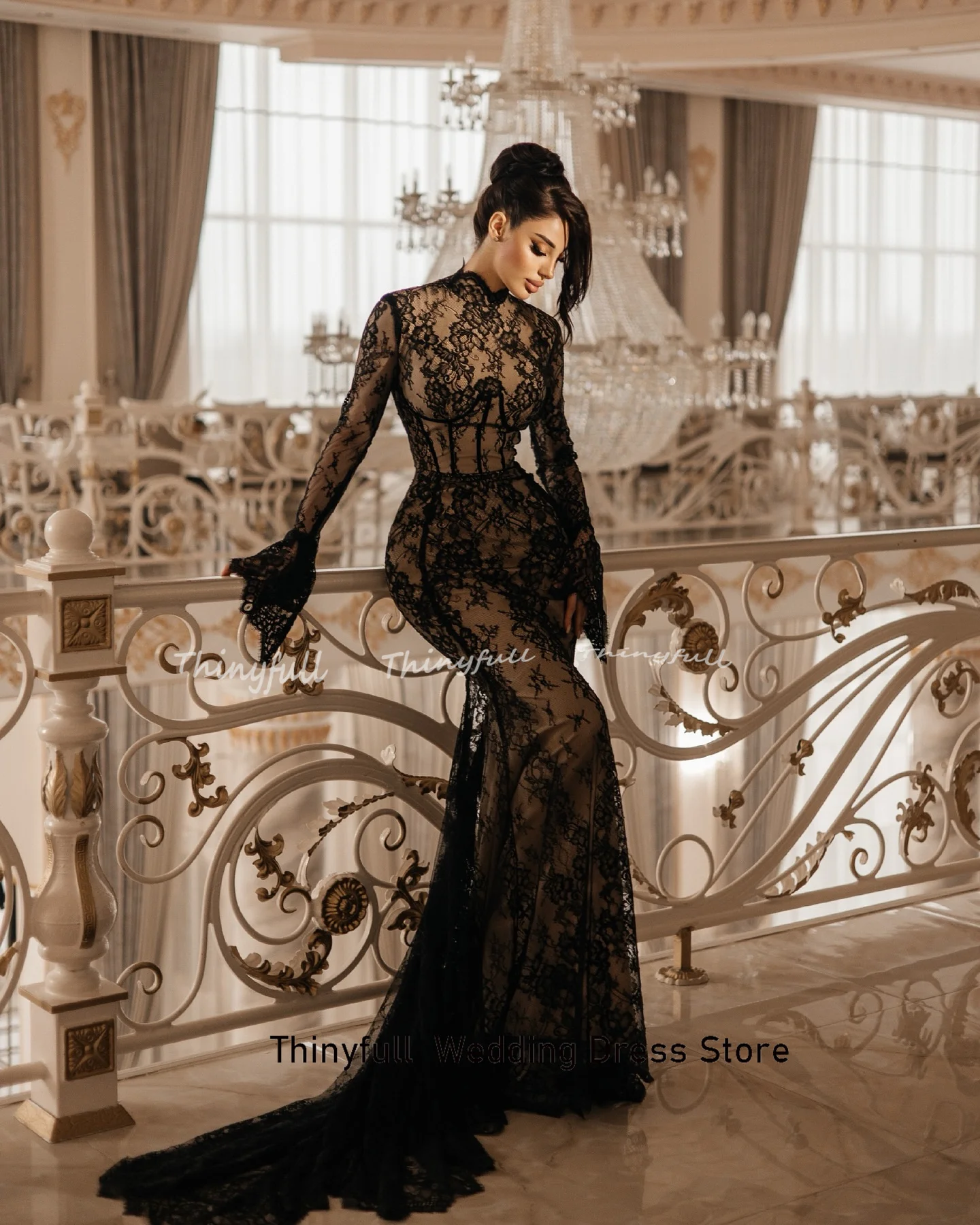 Thinyfull Mermaid Lace Arab Prom Dresses O-neck Full Sleeves Evening Gown 2025 Long Special Dress Robe De Soirée Customized image 2