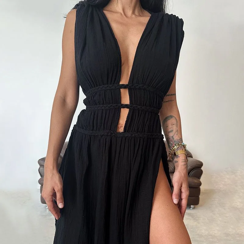 Women Sexy Dresses 2024 Sleeveless Slim Lace UP Hollow Out Midi Long Dress Women Sexy Split Side Solid Streetwear Dresses