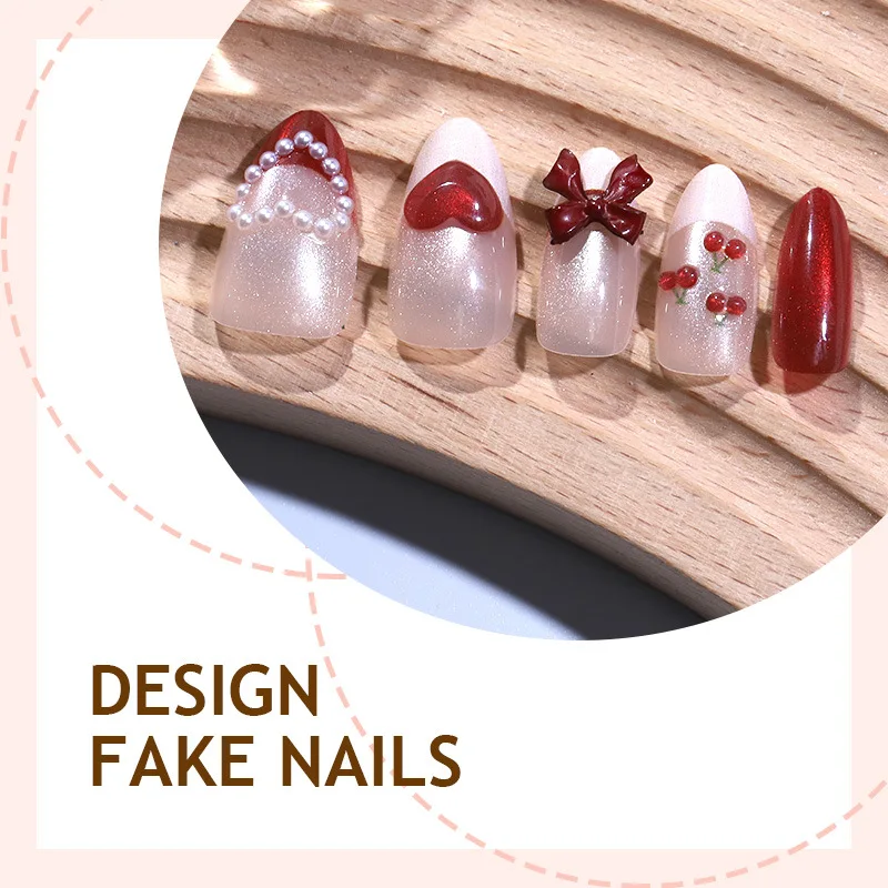 24 pièces amande oeil de chat presse sur ongles doux mignon rouge cerise perle amour arc 3D conception française haute qualité faux ongles pour les filles chaudes