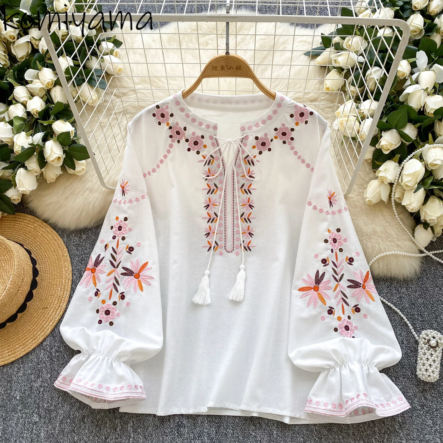 

Sweet Embroidery Blusas Mujer O-neck Lace-up Shirts & Blouses 2025 Long Falre Sleeve Woman Clothing Loose Camisas Casual Shirt