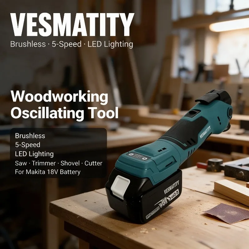 Vesmatity Brushless Oscillating Tool Woodworking Saw Trimmer Shovel Cutter 5-Speed Battery Display LED For Makita 18V Battery
