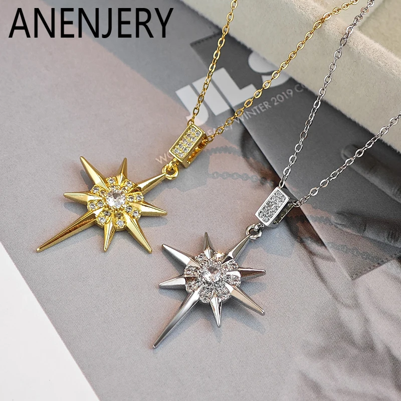 ANENJERY 316L Stainless Steel Star Round Shiny Zircon Pendant Necklace For Women Delicate Luxury Lady Jewelry Gifts Wholesale