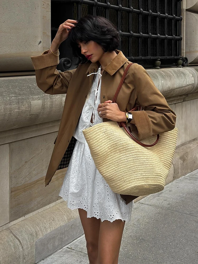 

Brown Patchwork Loose Short Jacket Single Breasted Zipper Lapel Long Sleeve Outerwear 2025 New Autumn Casual Street Woman Coat