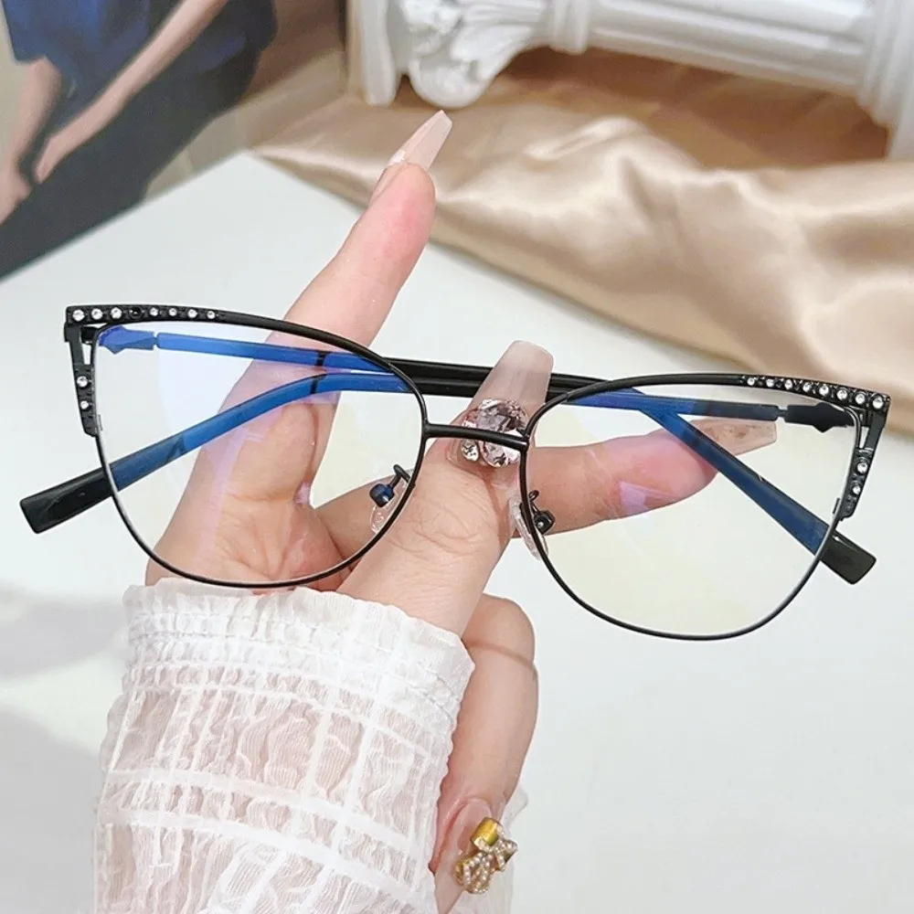 Metal Frame Cat Eye Glasses Ultra Clear Transparent Reading Glasses Anti Radiation rhinestone Studded Anti Blue Light Glasses