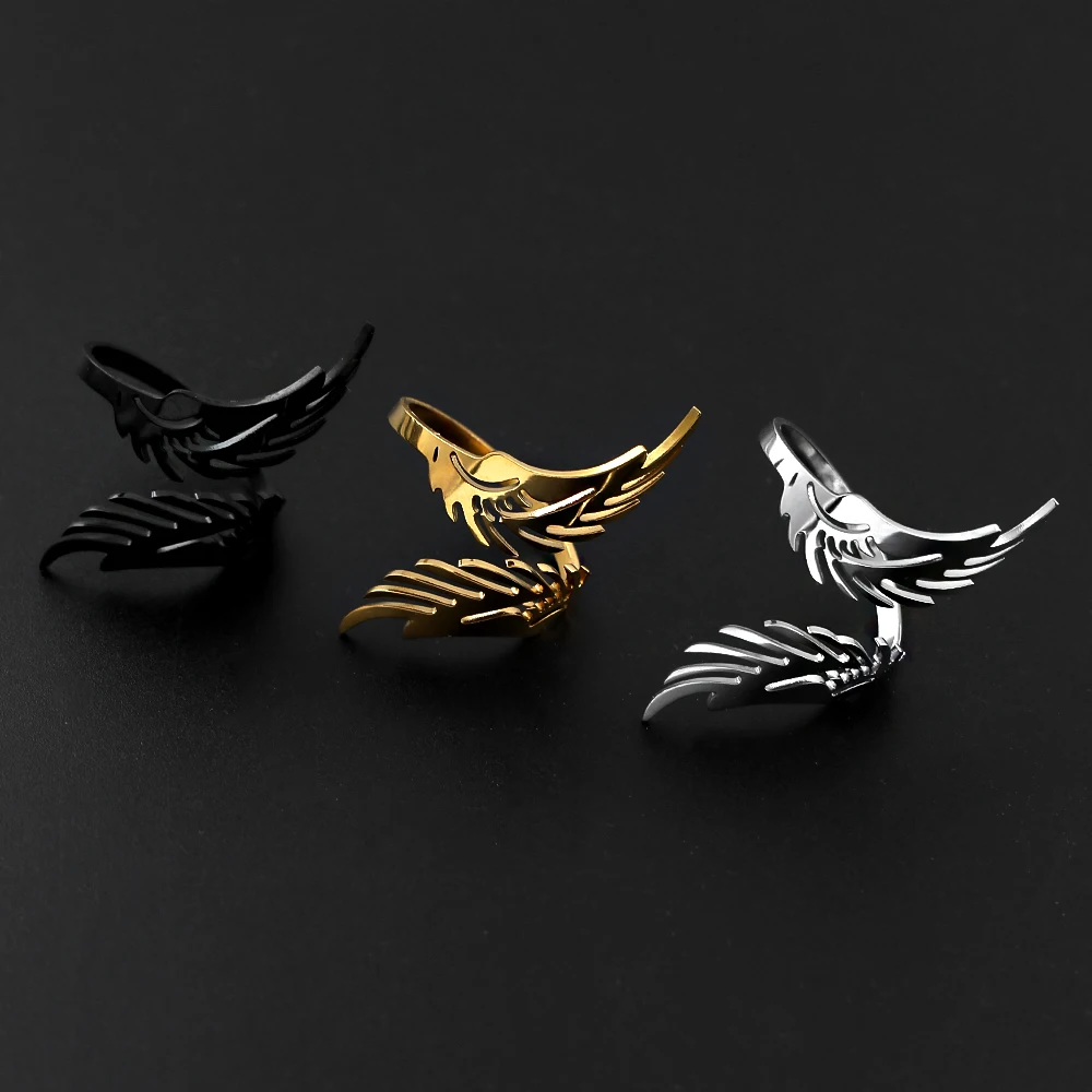Stainless Steel Angel Wing Feather Ring Opening Adjustable Punk Retro Wings Rings For Women Men Couple Jewelry Anniversary Gift