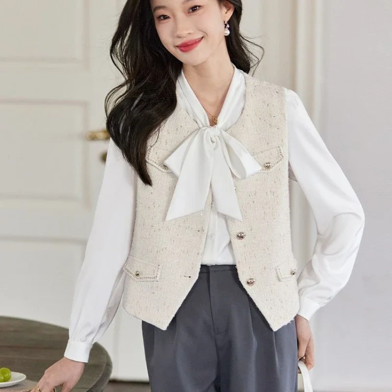 2025 Spring Collection Women's Cropped Tweed Blazer​ Stylish Sleeveless Outerwear with Geometric Pattern Office Casual Versatile