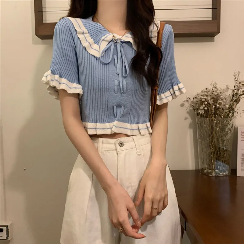 Short-sleeved T-shirts Women Summer French Style Ruffles Peter Pan Collar Bow Lace-up Office Lady Daily Basics Short Tops Female