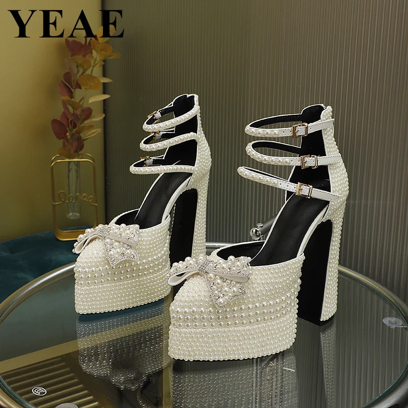 

Luxury Designer Pearl High Heel Sandals Wedding Bridal Shoes Pointed Toe Party Platform Bowtie Pumps Chunky Women's Shoes 2024