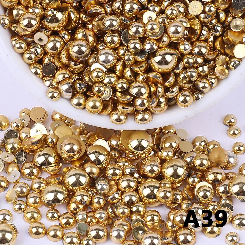 2mm 3mm 4mm 5mm 6mm 8mm Gold Color Half Round FlatBack Pearl Beads Glue On Pearls Stones For Craft DIY Nail Art Decoration