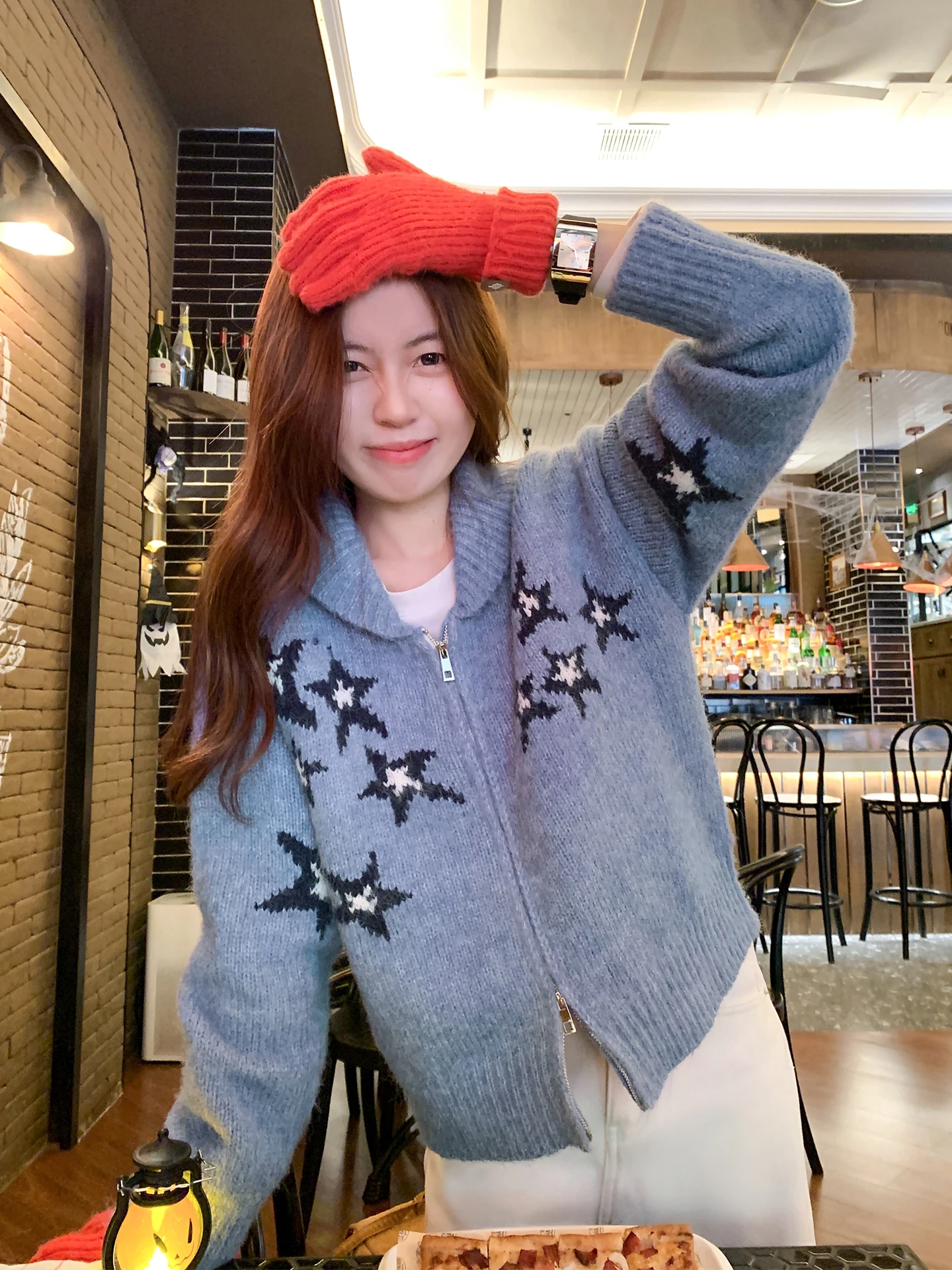 

Zeng Xiao Salted Blue Zipper Knitted Open Cardigan Women's Loose Lazy Autumn Winter Outerwear Top f Open Collar Sweater