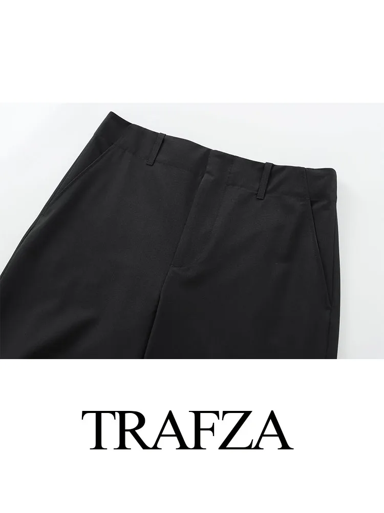 Trafza-女性用ターンダウンカラースーツ、長袖、ポケット、シングルブレスト、ミッドウエストボタン、ジッパーパンツ、トレンディな黒、秋