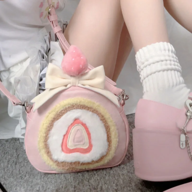 In Stock Cute Strawberry Cake Roll Bags For Women Sweet Kawaii Bag Pink Lolita Bag For Girl Christmas Gift Strawberry Backpack