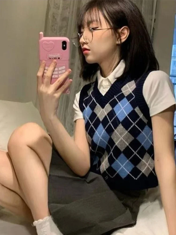 

Sweater Vests Women Cropped Lovely Argyle Preppy Style Cozy College Vintage High Street Slim Basic Sleeveless Autumn V-neck Knit