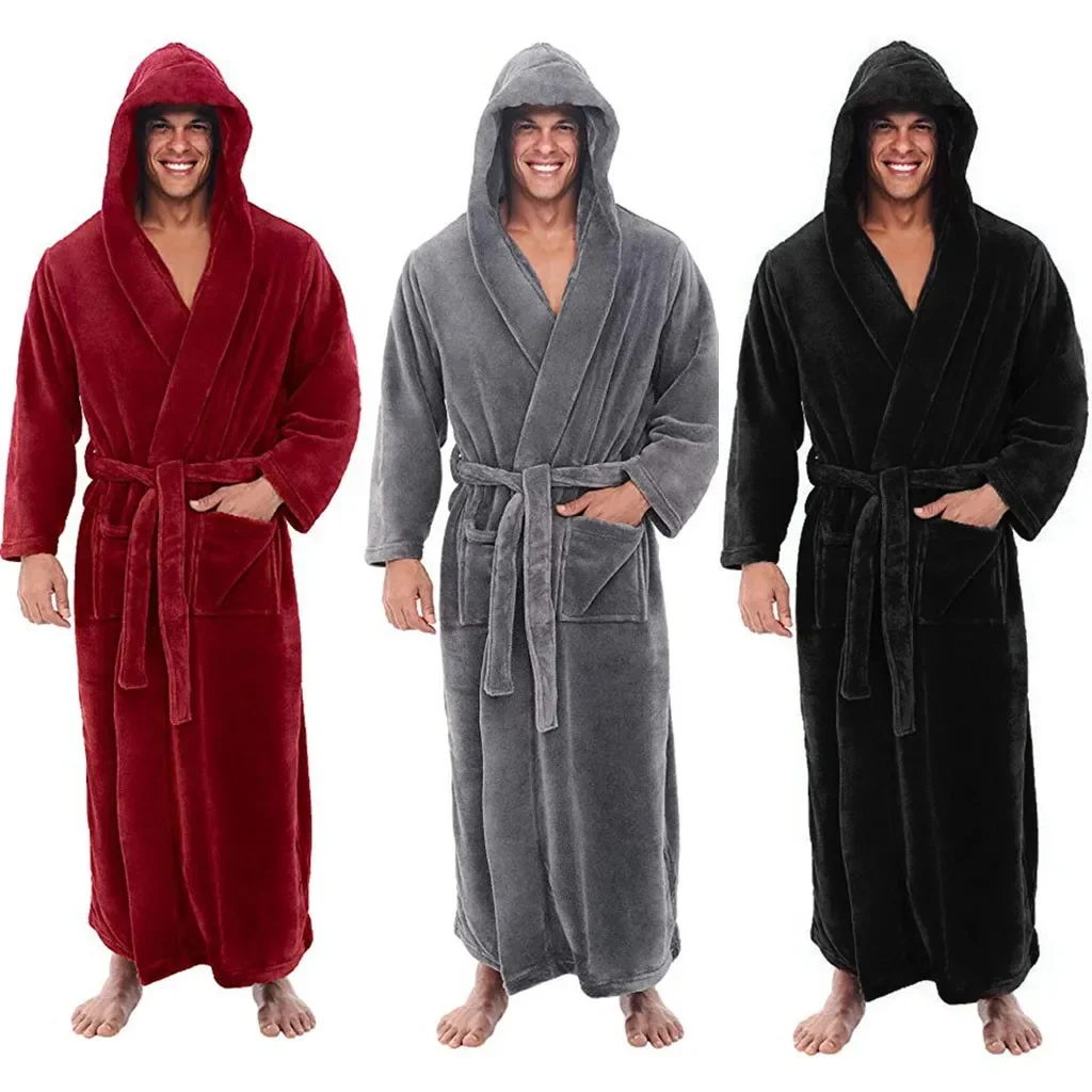 Winter Warm Bath Robe Men Bathrobe Nightgown Soft Coral Fleece Hooded Bathrobes Long Bath Robe Men\'s Bathrobe Home Sleepwear