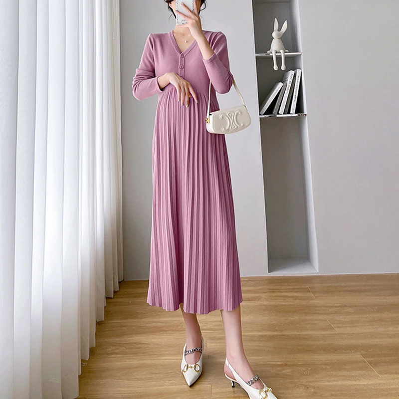 Maternity Spring and Autumn Nursing Dress Fashion Long Dress Across V neck A Line Slim Clothes for Pregnant Women Pregnancy