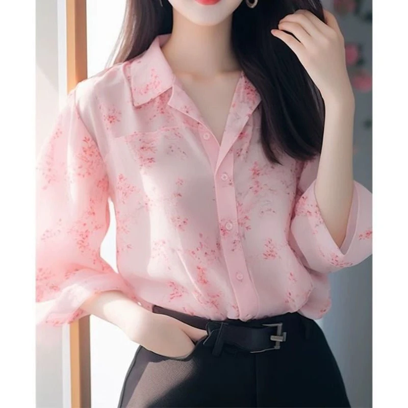 Women Korean Fashion Floral Print Button Up Shirt Street Sweet Chic Lapel Blouse Casual Long Sleeve Loose Tops Camisas De Mujer