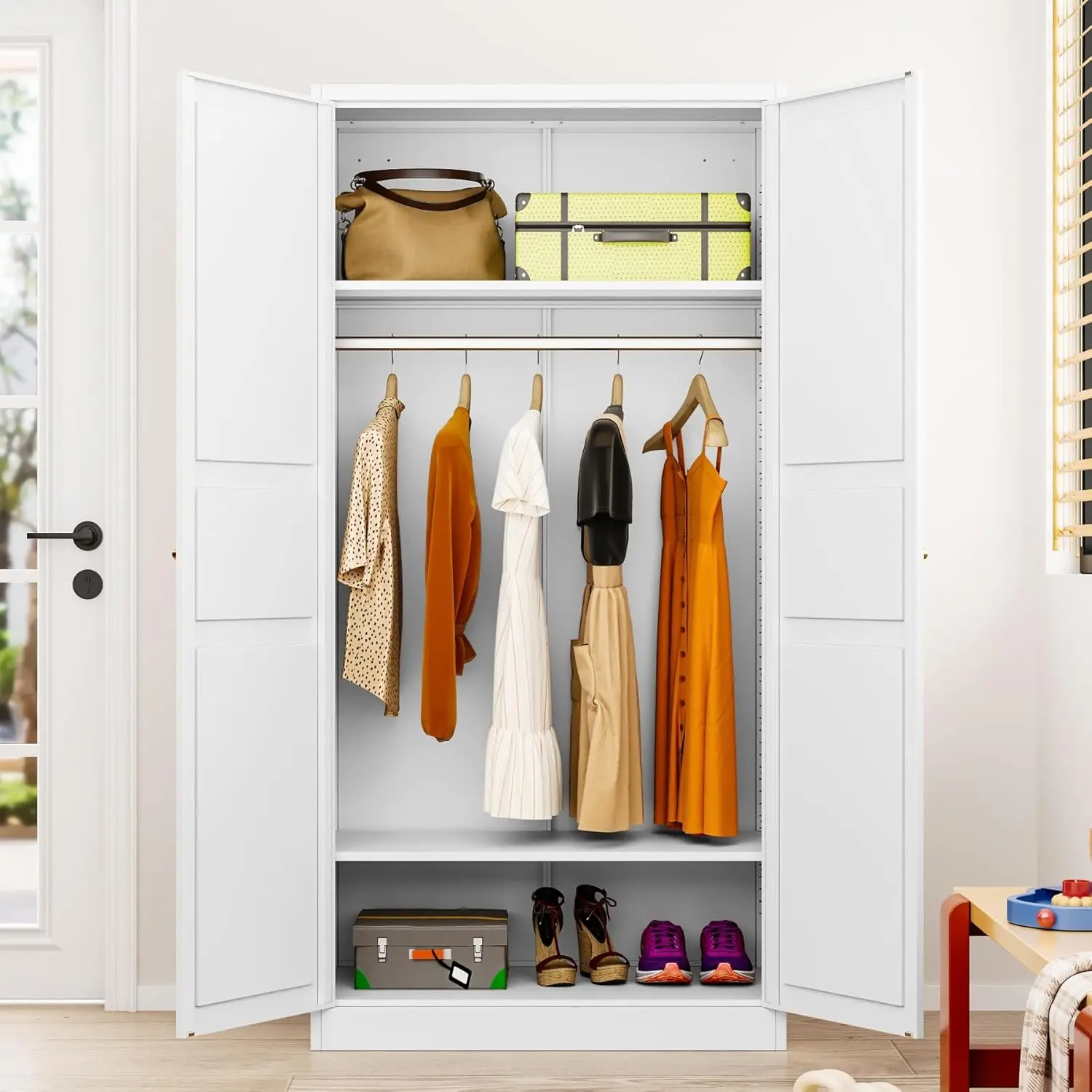 Wardrobe Cabinet with Hanging Rod,White Armoire Wardrobe Closet,Metal Clothing Storage Cabinet with Adjustable Shelves and Doors